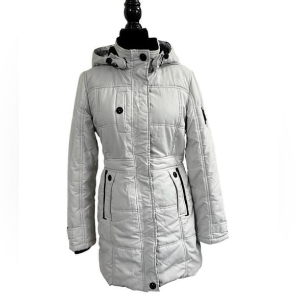 Point Zero Off White Winter Coat Small | Cinch Waist Puffer Jacket with Hood - Picture 1 of 16